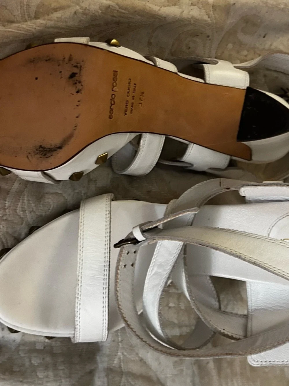Sergio Rossi White Leather Stud-Trim Platform Sandals with authentication certif